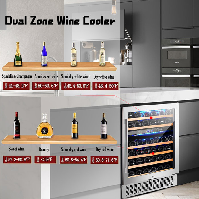 AOBOSI 24 Inch Wine Cooler, 46 Bottles Dual Zone Wine Refrigerator